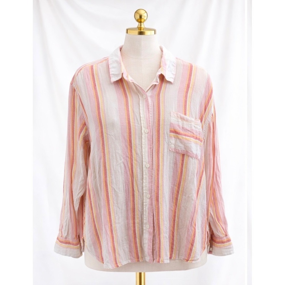 Sonoma Button Down Shirt Womens XXL 2X Pink Striped Linen Blend Long Sleeve